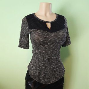 Gothic Grey Boho Floral Lace Elbow Sleeved Top With Crotchet Trim Details